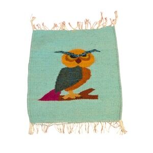 Hand Woven Wool Owl Tapestry Wall Hanging Tapestry Fiber Art Turquoise Boho MCM